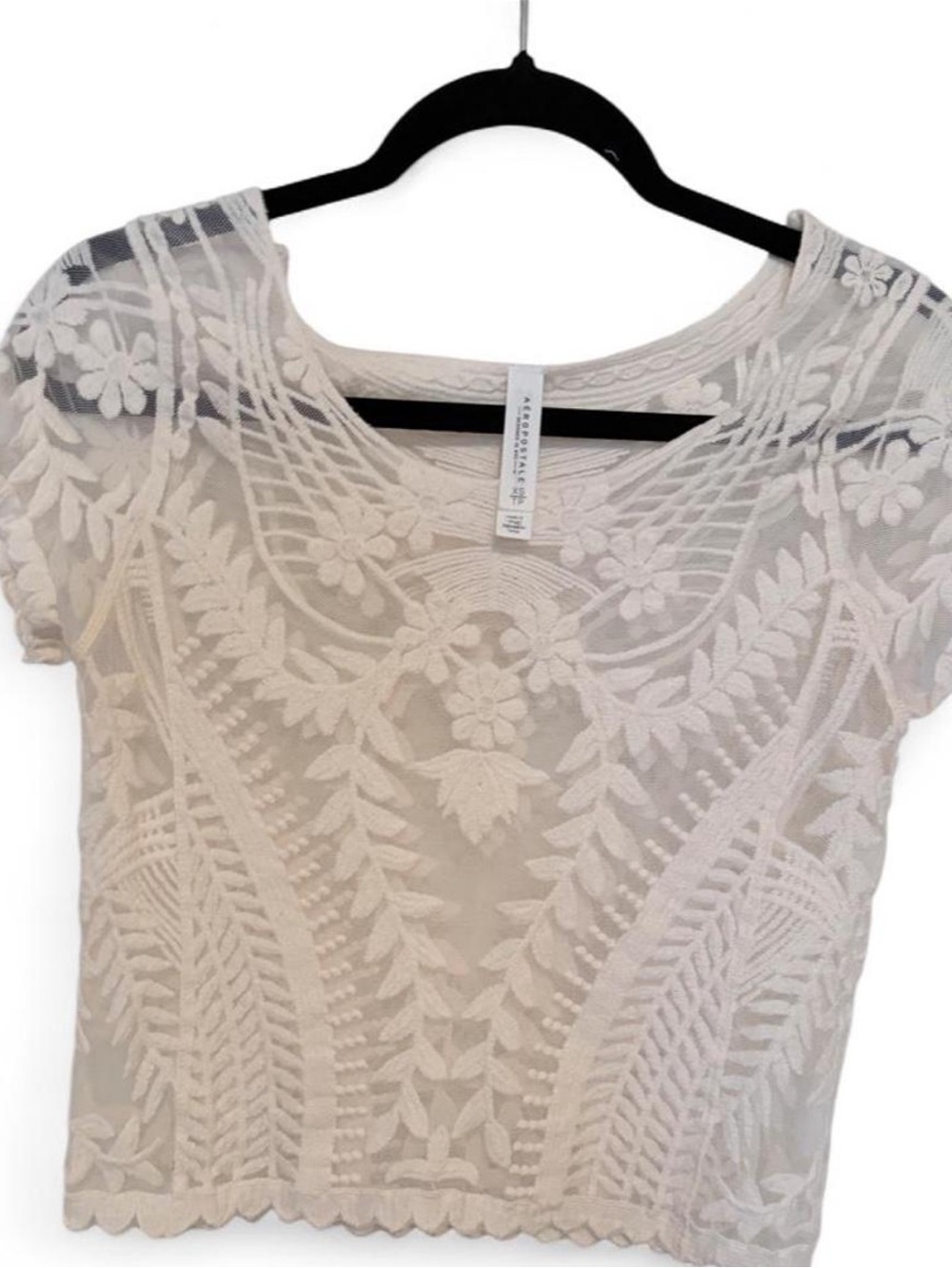 Cream Floral Embroidered Sheer Crop Top